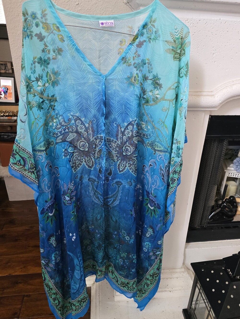 Sevya Blue & Teal Floral Paisley Sheer Kaftan Tunic Handmade Made In INDIA